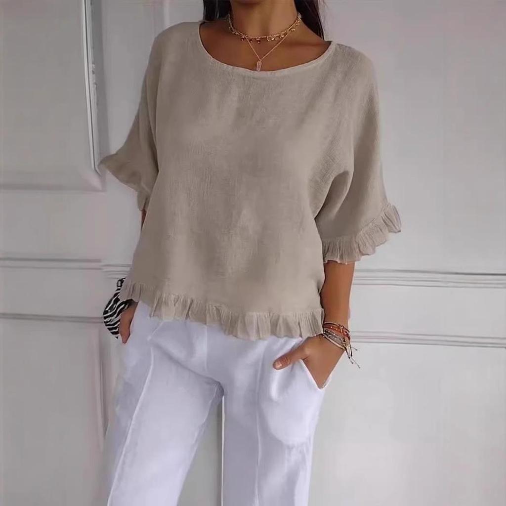 2025 Women's Loose Fit Short Sleeve Cotton Linen Shirt - Solid Color, Round Neck, European & American Style.