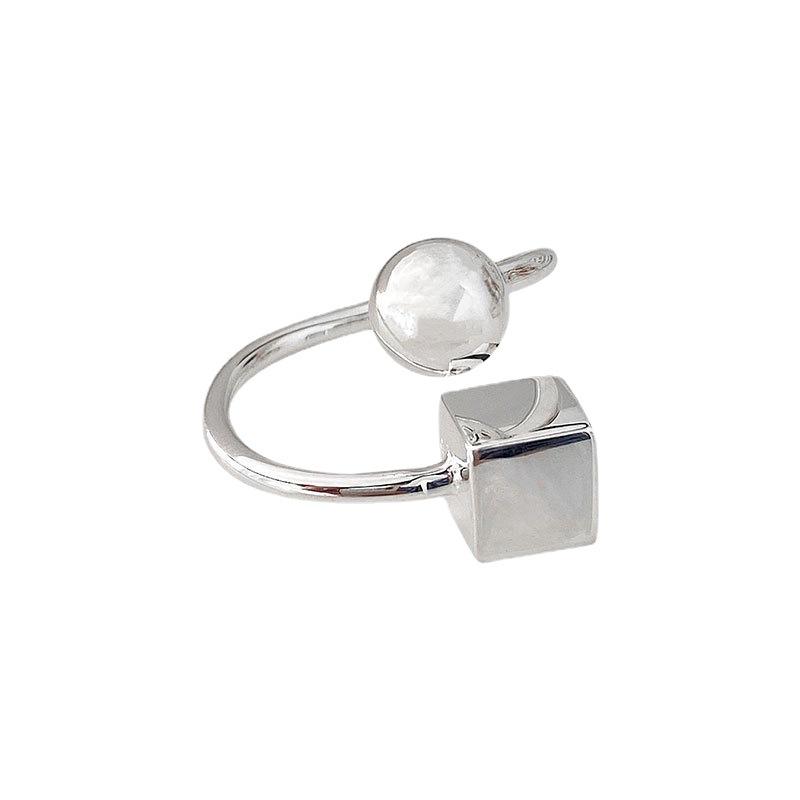 S925 Silver Irregular Geometric Ring: Round Ball & Square Design, Open & Adjustable for Women’s Index Finger