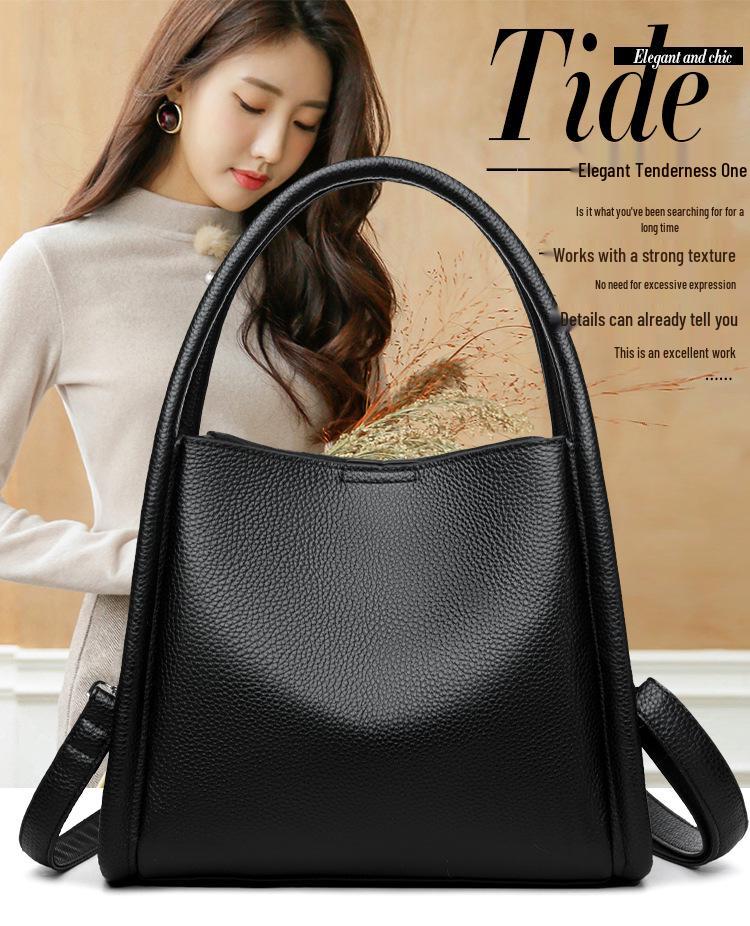 Luxury Women's Genuine Leather Tote - Large Capacity, Solid Color, Single Shoulder or Crossbody Bucket Bag