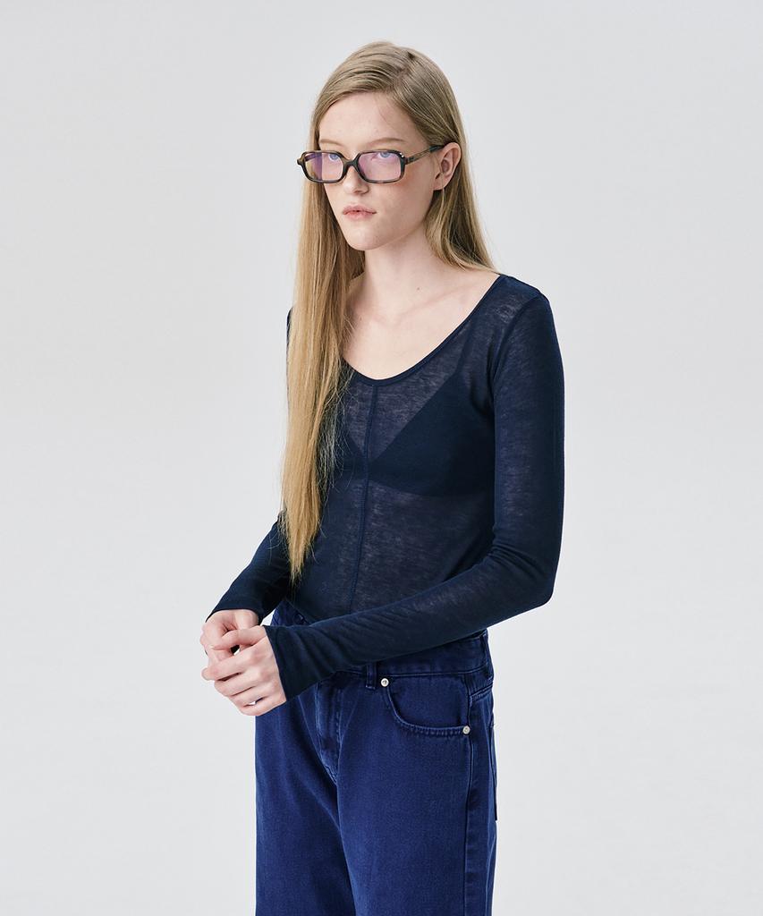 WNDERKAMMER U-Neck Sheer T-Shirt_Navy