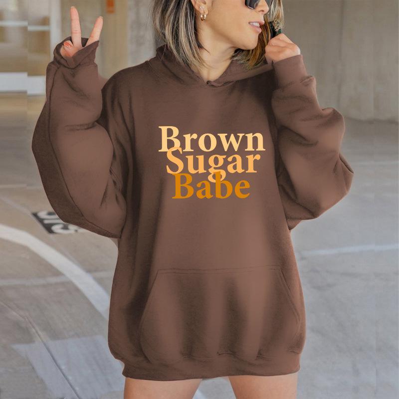 Autumn Winter European American Style Letter Print Hooded Sweatshirt with Back Wrap Collar and Plus Velvet.