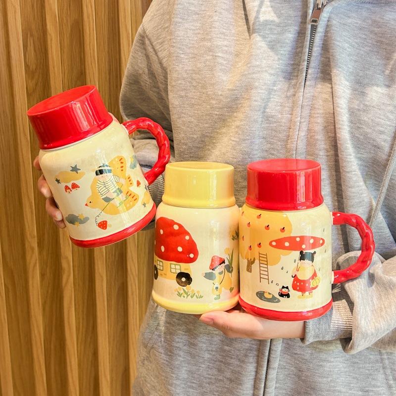 Cute retro kettle high value boys and girls ceramic mug with lid large capacity water cup birthday gift practical