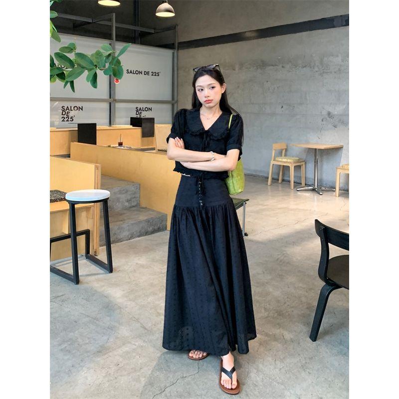 Stylish Lace Embroider Puff Sleeve Shirt Black Suit Women's Autumn Skirt Long Skirt Large Swing Skirt Two-piece Set
