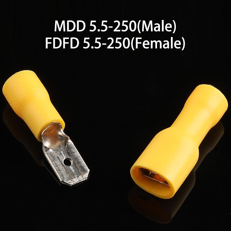 6.3mm Female Male PVC Connector Electrical Wiring Connector Insulated Crimp Terminal Spade Blue Yellow Red FDFD MDD2