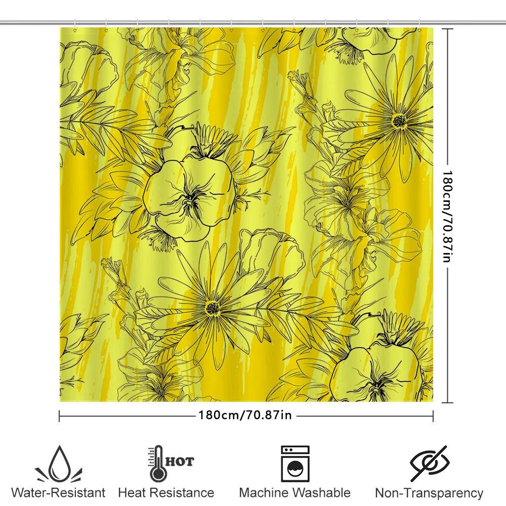 Hand-Drawn Floral Shower Curtain Yellow Color With Black Flowers For Bathroom Decoration Waterproof Fabric Material