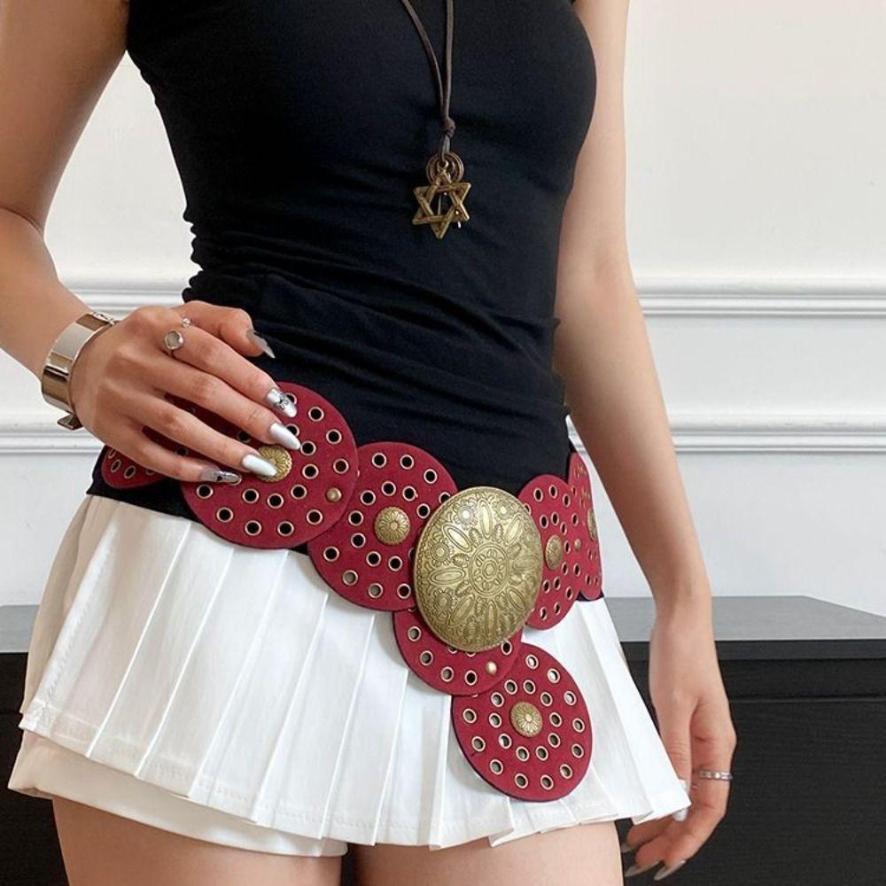 Metal Hollow Out Belts Wide Metal Buckle Belts Casual Round Buckle Belts  Waist Accessories