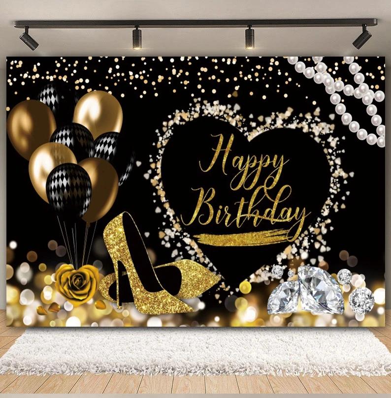 Happy Anniversary Backdrop Gold Balloon Glitter Love Heart Flower Birthday Party Bridal Shower Wedding Photography Background