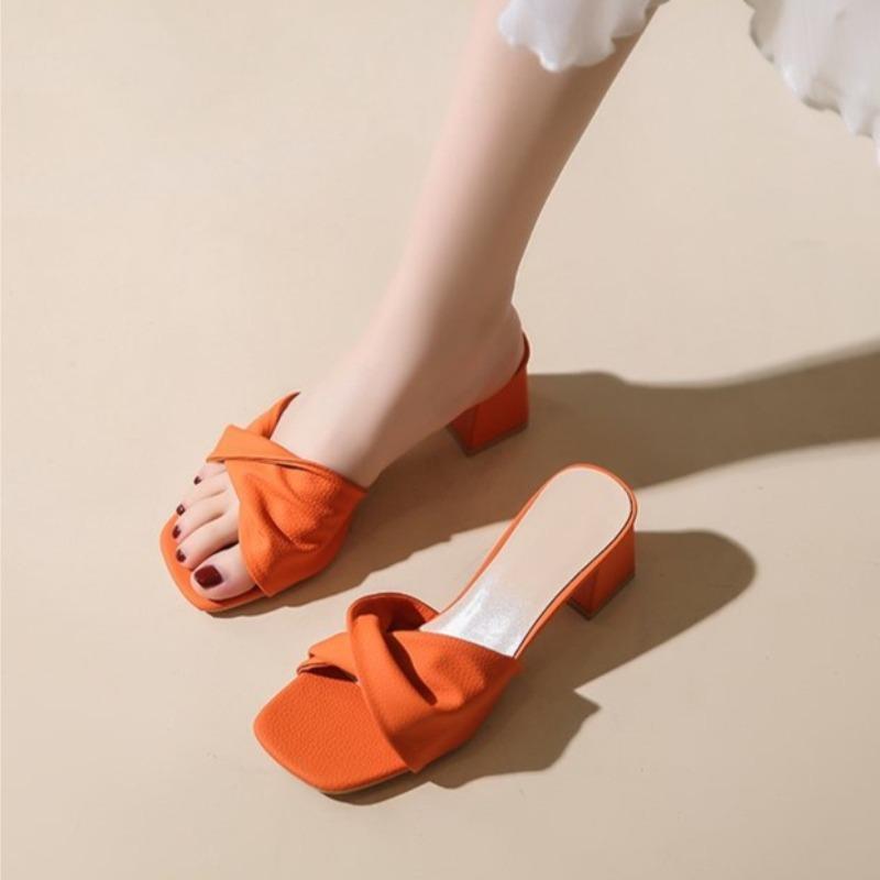 New Summer Green Orange Women Slippers Solid Color Shoes Classic Square Toe Flip Flops Beach Med Heel Slides Mules