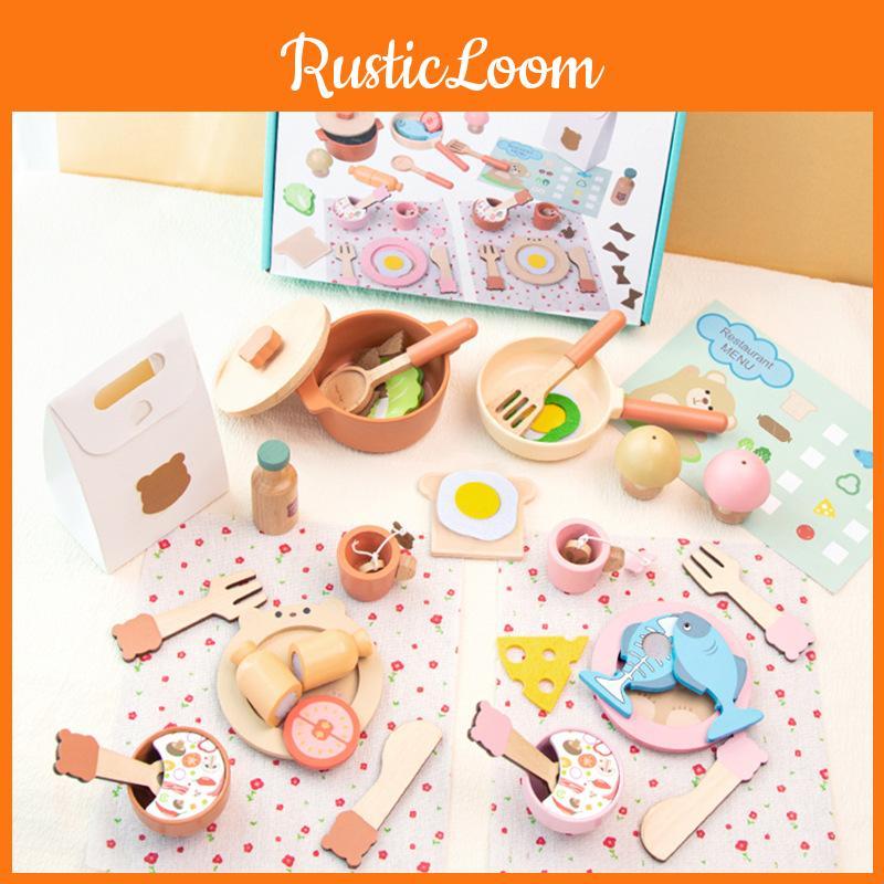 Wooden Kids Pretend Play Kitchen Set With Bear Cooking Toys For Girls And Babies