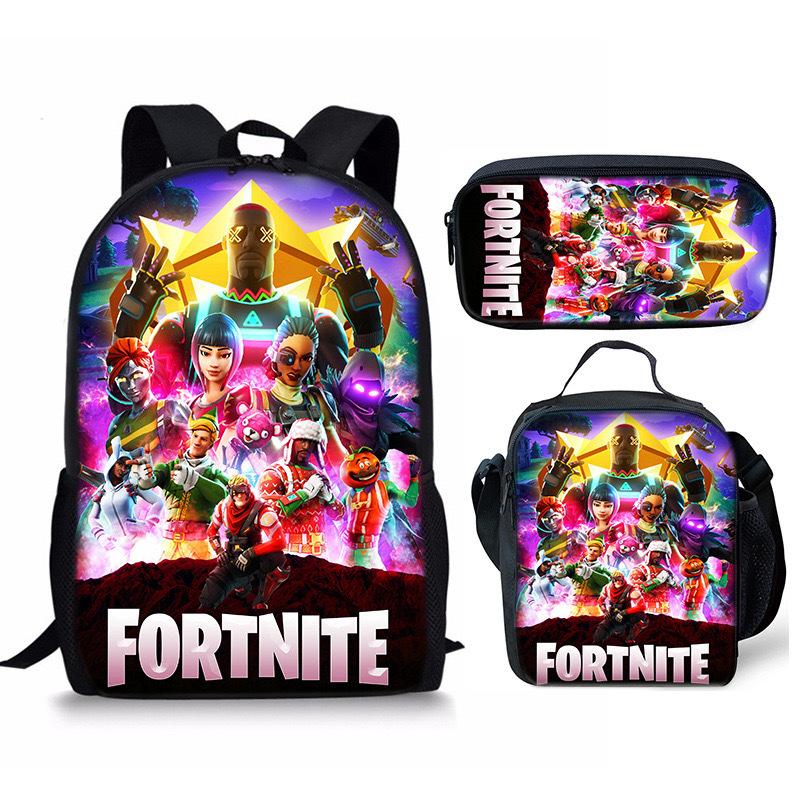 3 pièces Sac à dos d'activité Fortnite Anime Dessin animé Cartable Grande capacité Étudiant Sacs d'école Trousse à crayons Mignon et Charmant Sac à lunch Date de naissance Cadeau