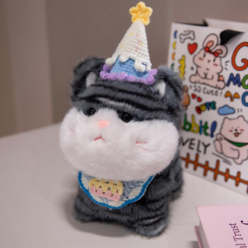 Cute Big Face Cat With Birthday Hat Fruit Cake Snack Bib Decor Kawaii Grey Orange Cats Kittens Plushie For Kids Birthday Gift