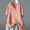 Women's Summer Plus Size T-shirts Loose Cotton Linen Short Sleeve V-Neck White Tops