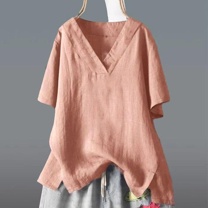 Women's Summer Plus Size T-shirts Loose Cotton Linen Short Sleeve V-Neck White Tops