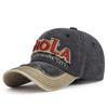 Zhen Yue Qi Cotton Baseball Cap with Distressed Patchwork and American Lettering Embroidery.