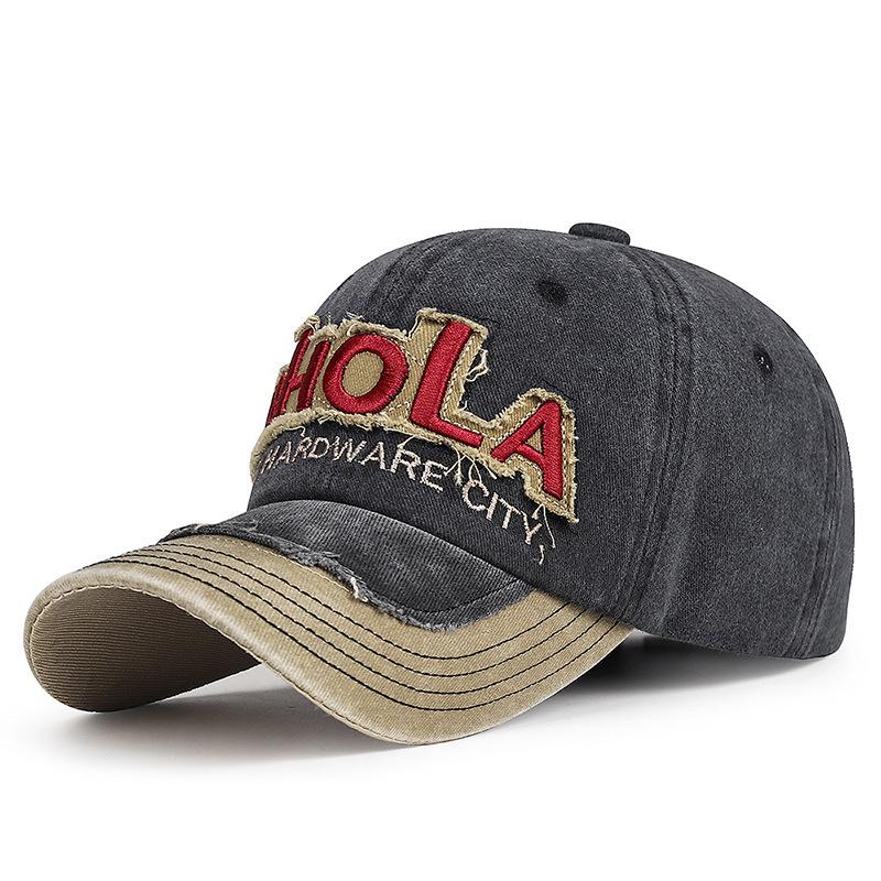 Zhen Yue Qi Cotton Baseball Cap with Distressed Patchwork and American Lettering Embroidery.