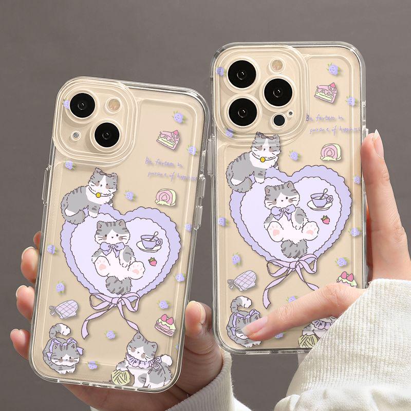 

Фиолетовый чехол с цветочным котом и сердечком для Apple iPhone 13/14/15/16/17 Pro Max Apple 17 Air