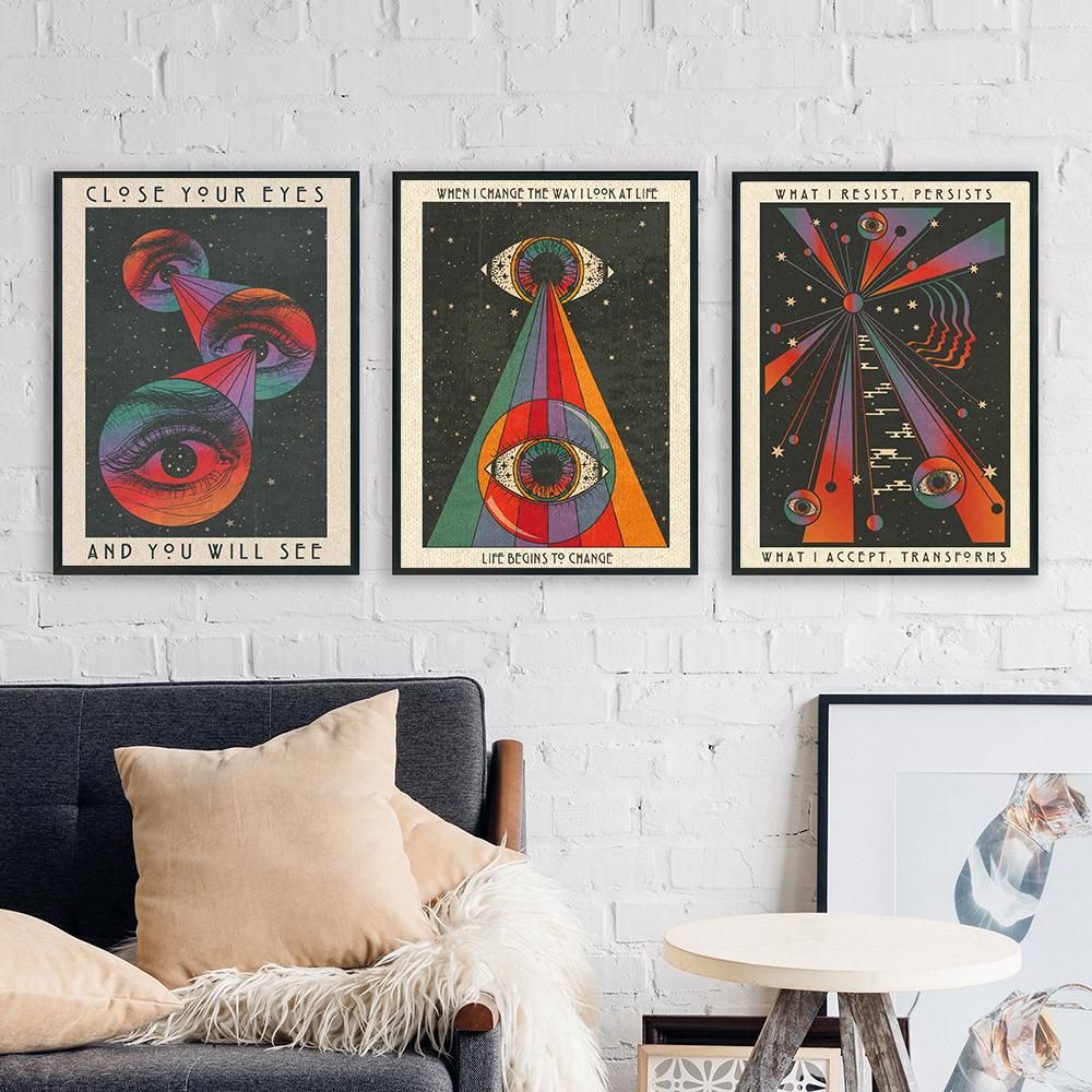 Meditation Kunst Poster Boho Psychedelic Regenbogen Mond Augen Leinwand Malerei Bilder Inspirierende Zitate Drucke Moderne Wohnkultur
