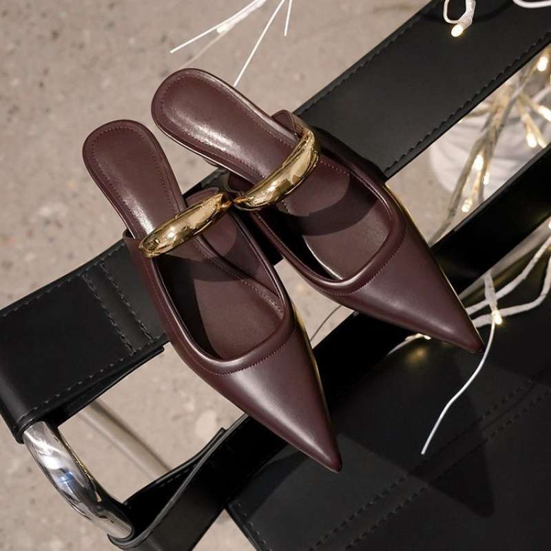 French simple pointed Müller slippers women's 2025 summer new retro fashion metal bag head thick heel half slippers