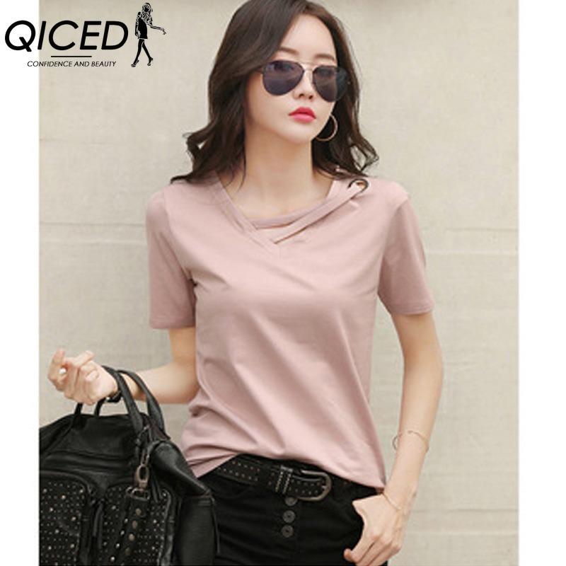 QICED Women's Fashion Casual Solid Color Print Short Sleeve V Neck Blouses & Shirts