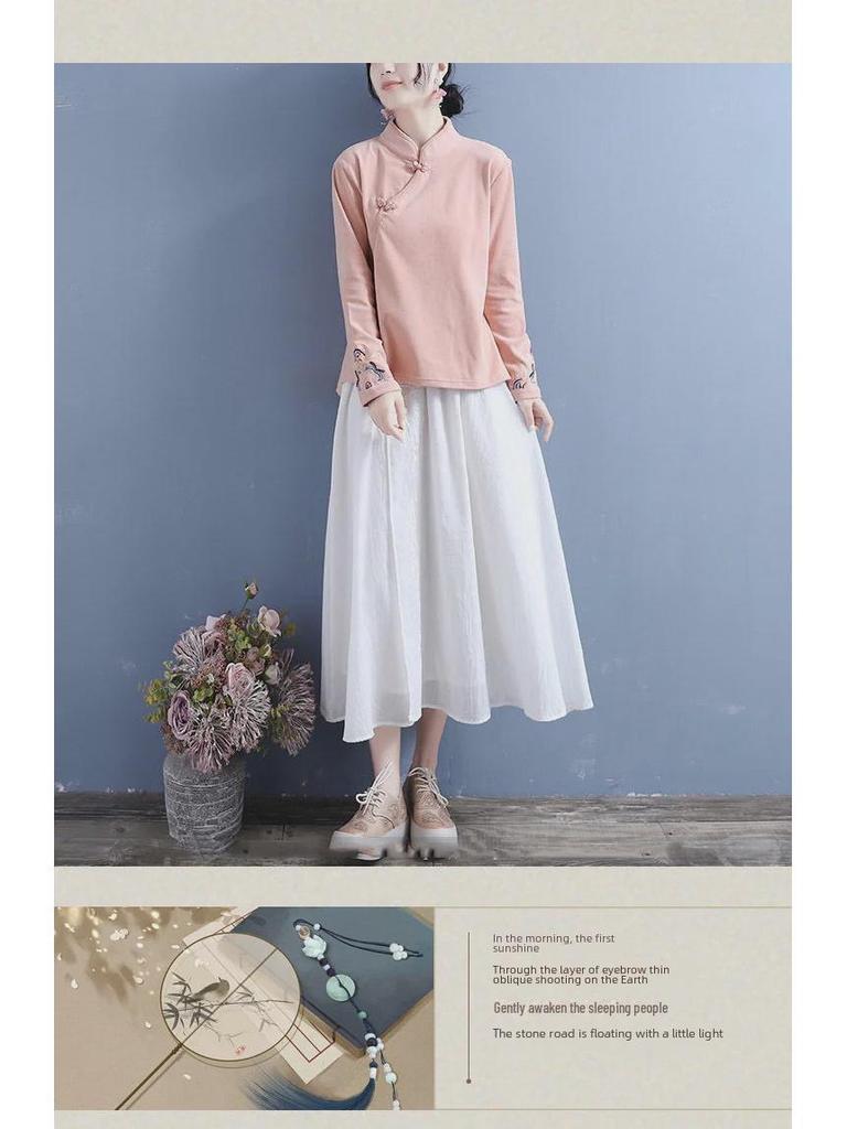 German Velvet Embroidered Stand-Up Collar Self-Heating Women's Shirt - 2024 Autumn/Winter Chinese Style