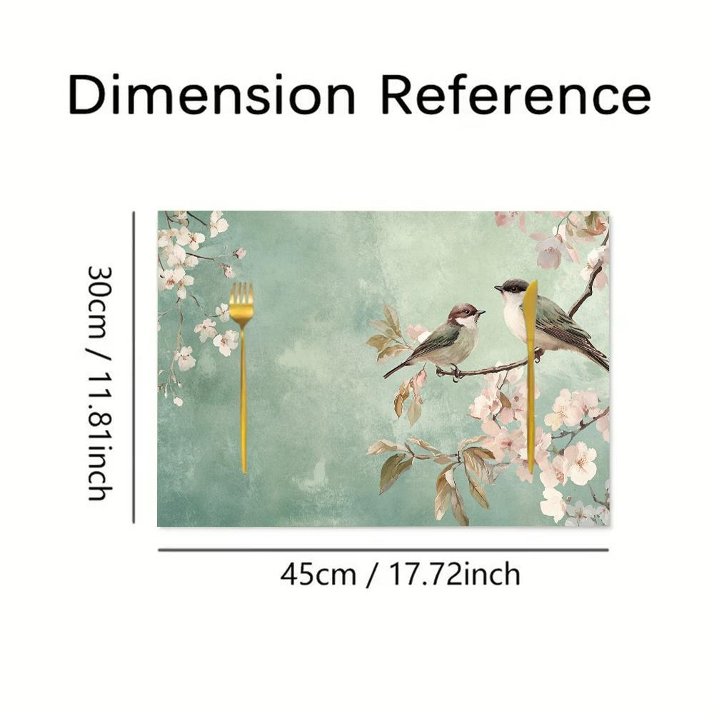 4pcs Vintage Floral Bird Placemats - Elegant Teal & Pink Table Mats, 12x18 Inch Rectangular Dining Decor for Christmas, Thanksgiving, Halloween