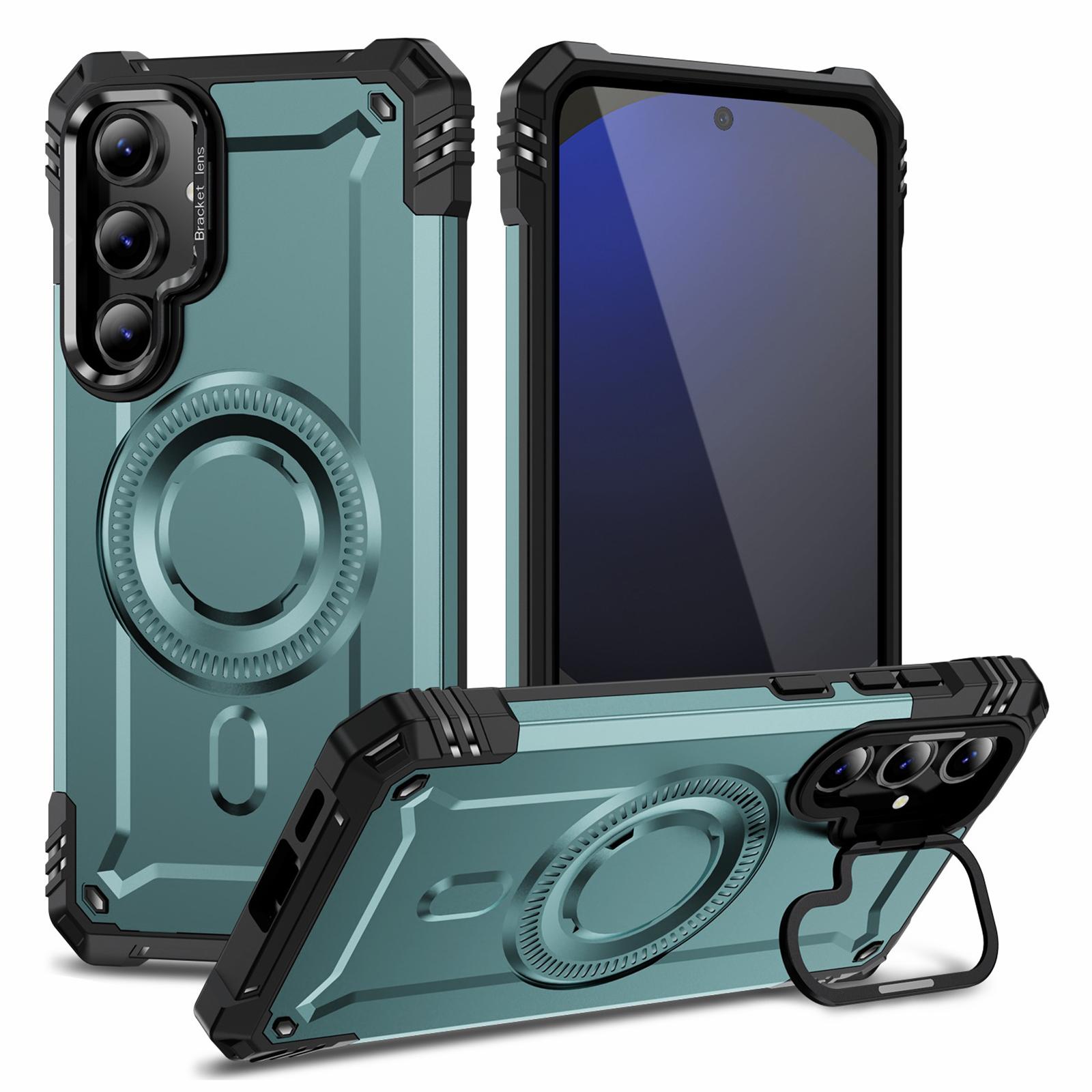 

For Samsung Galaxy S24 FE Case Compatible with MagSafe Metal Lens Frame Kickstand PC+TPU Mobile Cover Grey Green