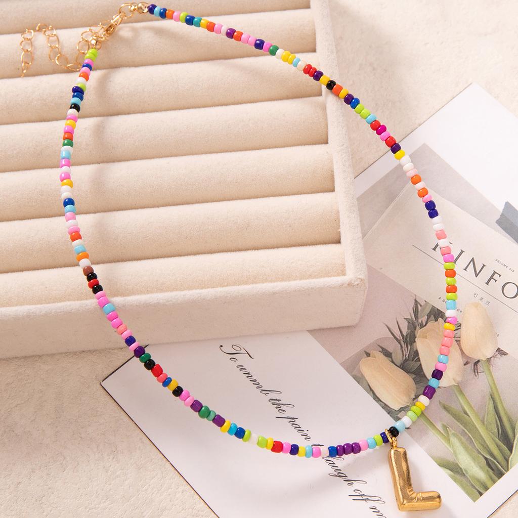 Bubble Alphabet Colored Rice Beads Handmade Beaded Delicate Beach Bohemian Necklace Collarbone Chain
