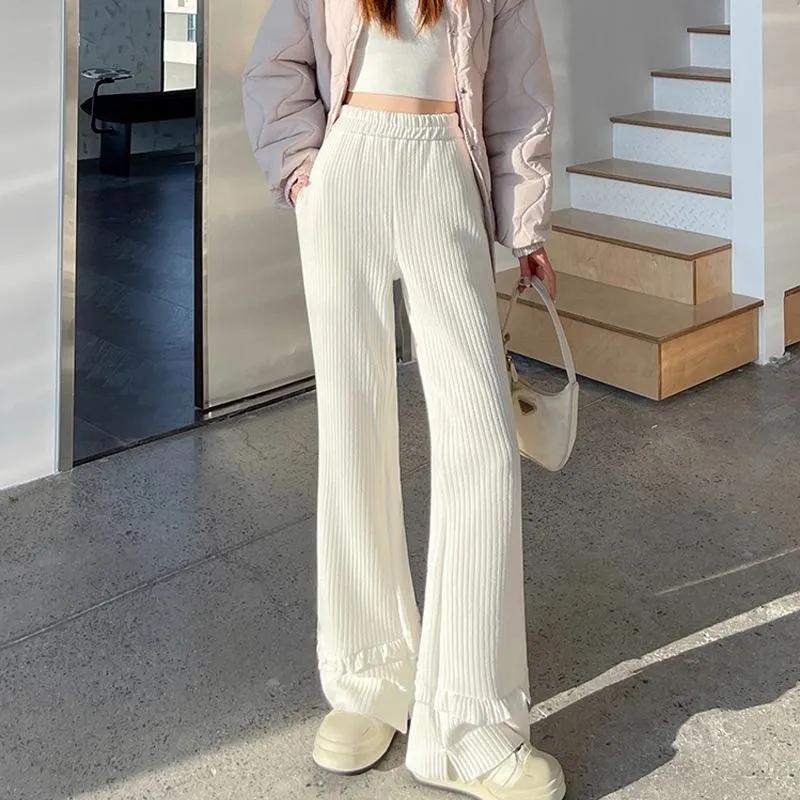 Kalhoty pro ženy nadměrné velikosti Zesílené Pružné Elastické S vysokým pasem Dlouhé kalhoty Jednobarevné Fleecové Ležérní Kalhoty se širokými nohavicemi