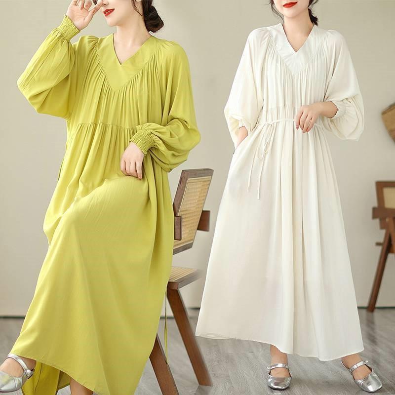 Johnature V-Neck Loose Solid Color Niche Splicing A-Line Dress Woman Spring Fashion Long Sleeves Chinese Style Dress
