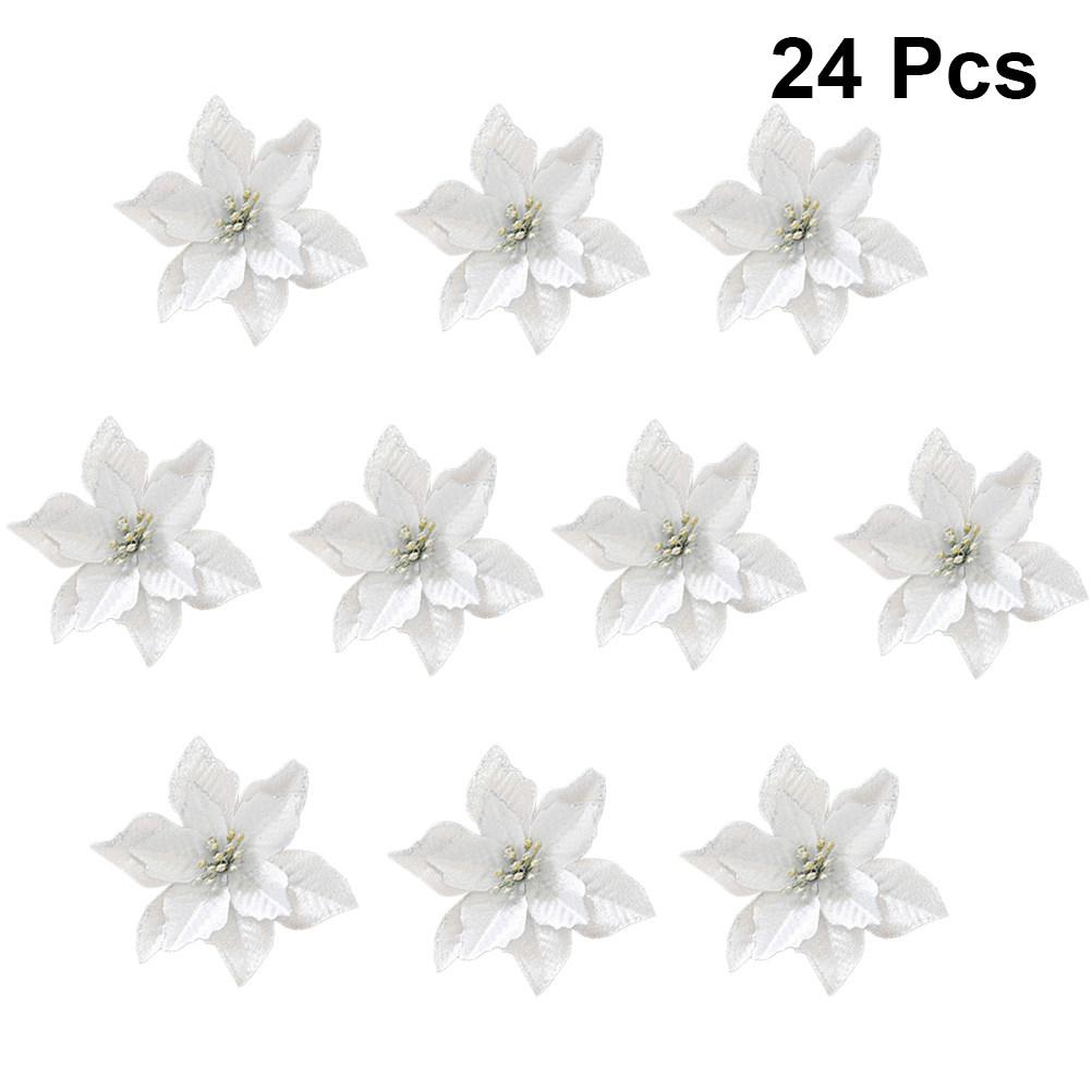 24Pcs Christmas Flower Silver Gold Glitter Artificial Flowers Decoration for Christmas Tree Home Table Ornament