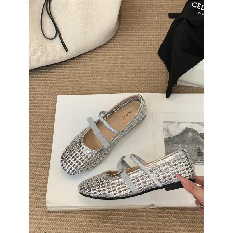 

French silver mesh single shoes 2025 new hollow woven women s shoes light mouth round head one-word buckle Mary Jane shoes 39