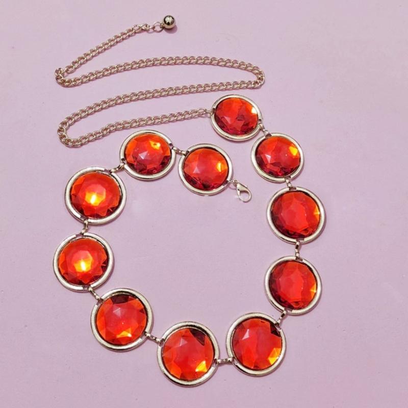 Halloween Cosplay Waist Belt Stone Chain Adjustable Tight Jeans Dress Belt Chain with Round Red Gems Party Costume