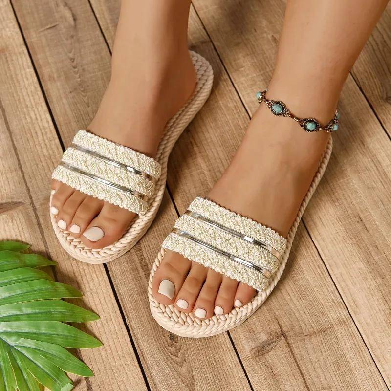 Sandales Plates pour Femmes à la Mode Bout Rond Semelle Espadrille Chaussures Résistantes à l'Usure Femmes Décontracté Bohème Léger Été Zapatillas De Mujer
