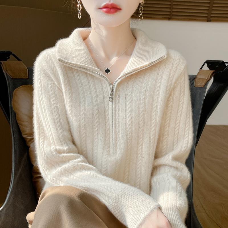 Women Sweater 100% Wool TIDENOVEL Turn-down Collar Knit Pullover Thick Winter Jumpers Female Knit Tops Zipper