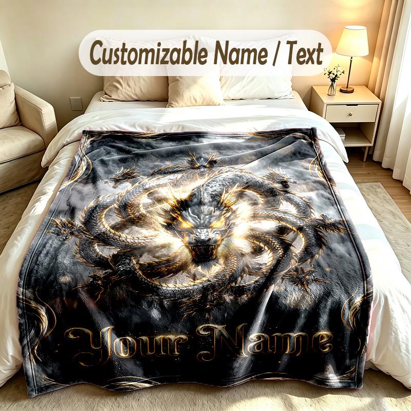 Dragon Phoenix Theme Soft Blanket Personalized Custom Name Text Print Warm Blanket Home Sofa Bedroom Decor