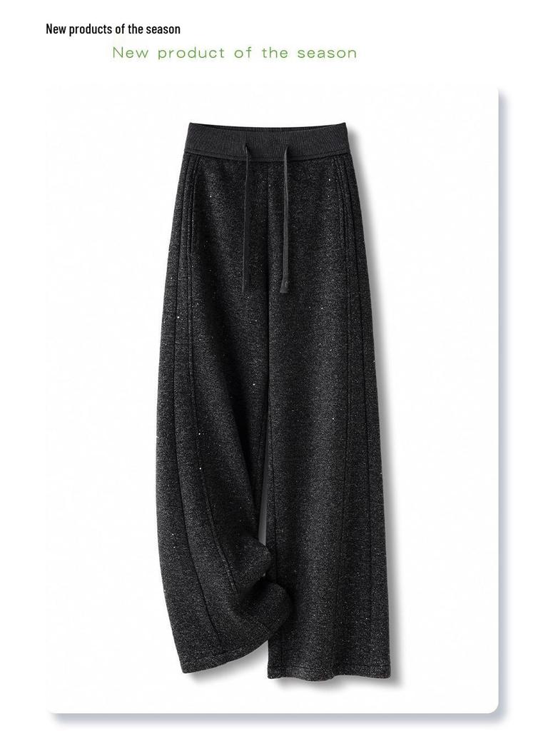 Gray Rhinestone Wool Wide-Leg Pants - Women's Winter 2025 High-Waisted Velvet-Enhanced Straight-Leg Trousers
