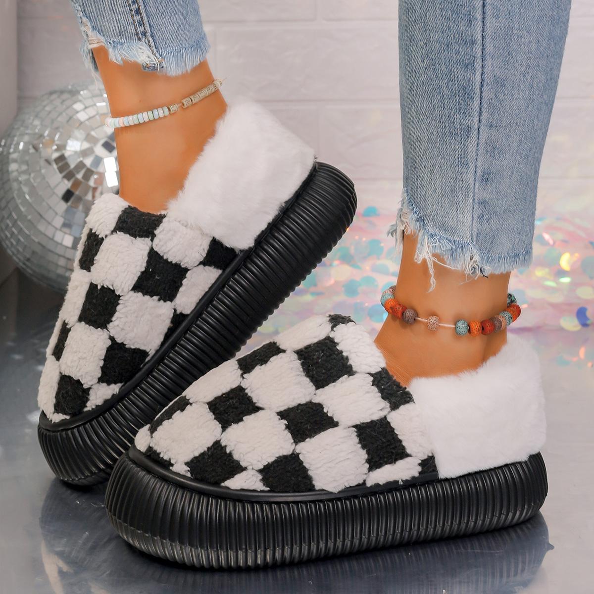 

Fashion Women Snow Boots Winter Fuzzy Fashion Checker Embroidery House Shoes for Women Cozy Fluffy Retro Checkered Print Boots Women 42-43
