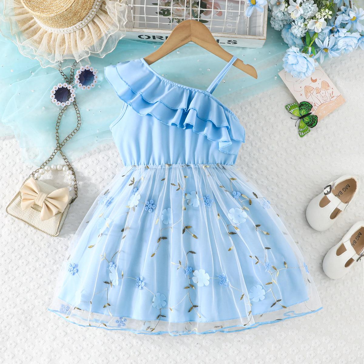 

Girls Floral Embroidery Tulle Dress, One-Shoulder Ruffle with Bow Belt Party Outfit 7Y французький небо синє кольору