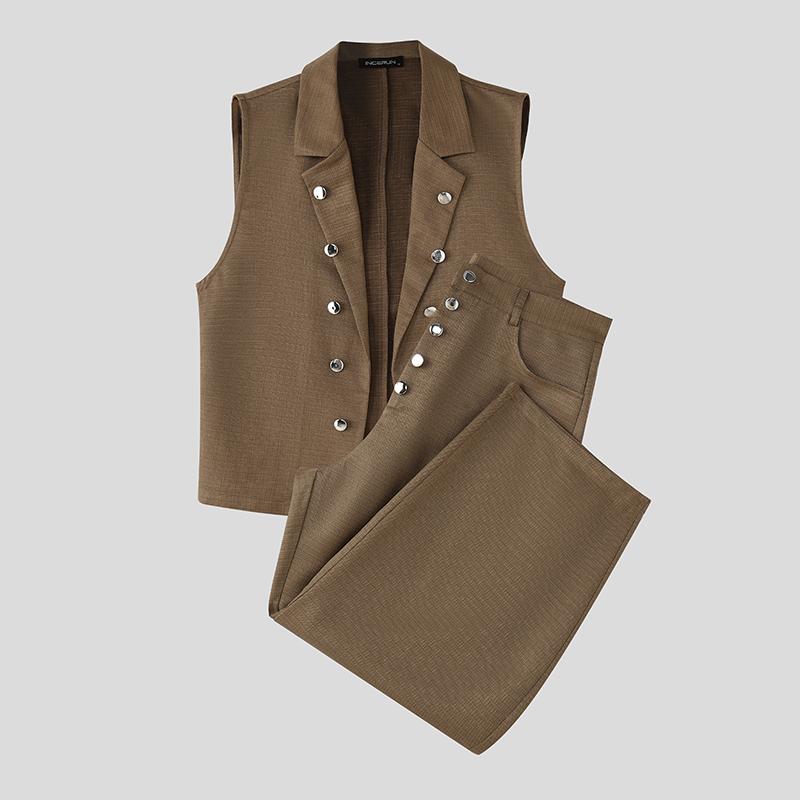 INCERUN 2PCS Two Pieces Men Sleeveless Texture Cropped Waistcoat and Long Straight Pants Sets