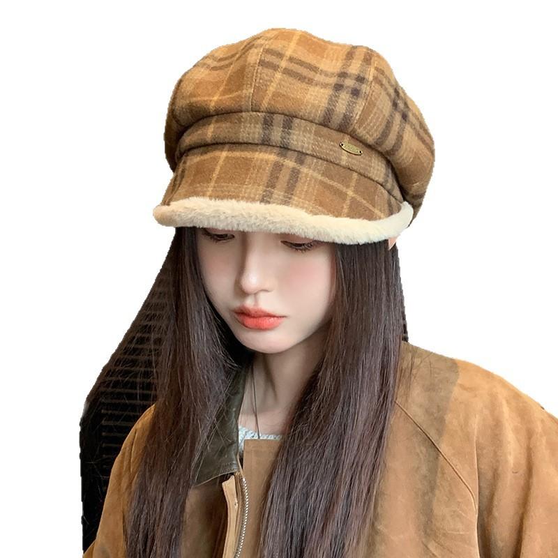 Sweet and Versatile Checked Bristled Beret for Women In Autumn and Winter Casual Plus Velvet Thickened Octagonal Hat Cold and Warm Painter Hat