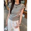Damen Sommer Schlankmachendes Crop Top – Retro Colorblock Gestreiftes Kurzarmshirt