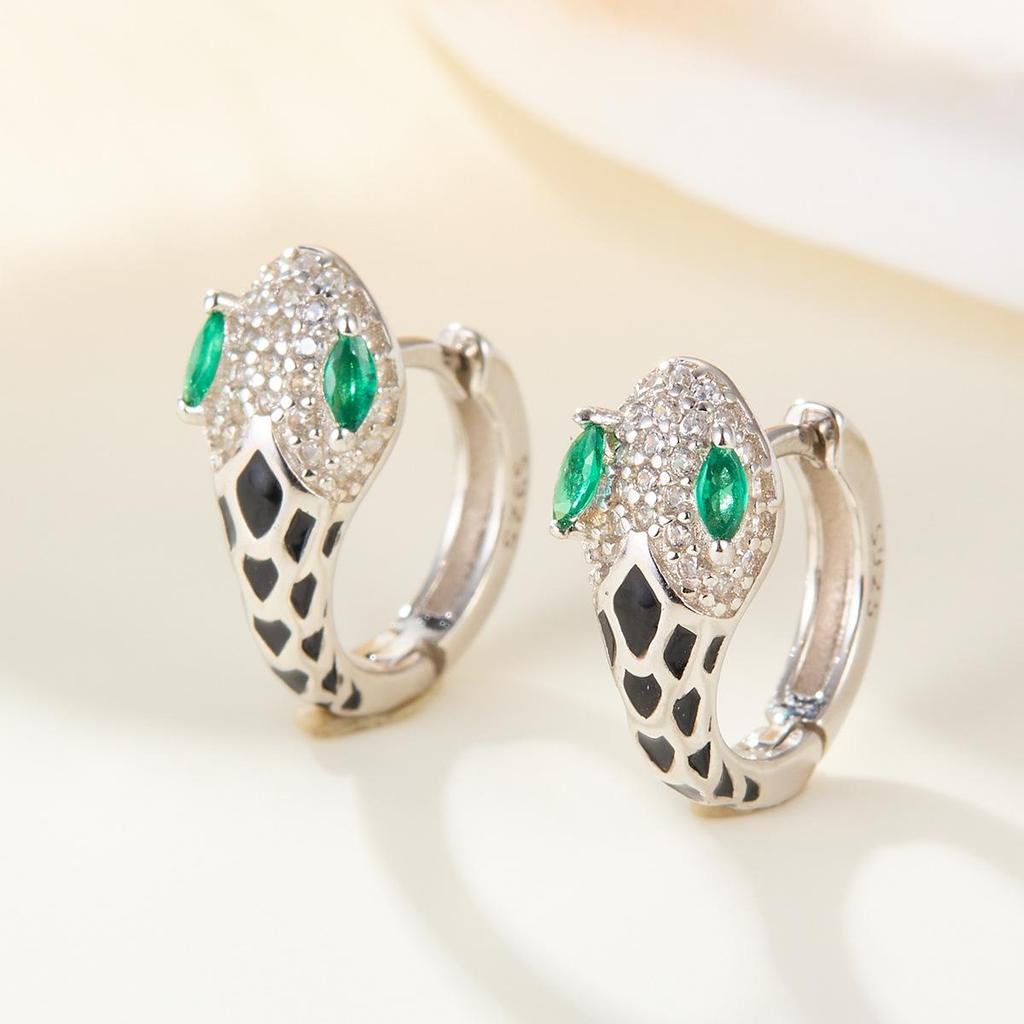 European S925 Sterling Silver Snake Earrings with Green Rhinestone Eyes and Zirconia Scales