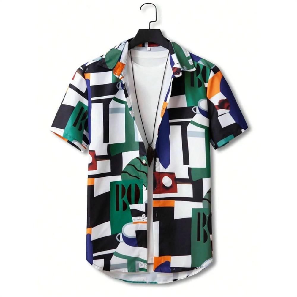 Colorful Irregular Patterns Hawaiian Shirt For Men Tree Leaves 3D Printed Short Sleeves Summer Lapel Blouse Street Aloha Shirts