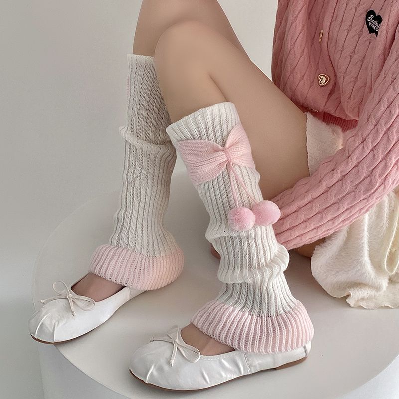 Pompon Gestrickte Stulpen Herbst Winter Verdickt Warm Neujahr Schleife Stulpen Colorblocking Weihnachts-Stil Japanische JK Slouchy Socken