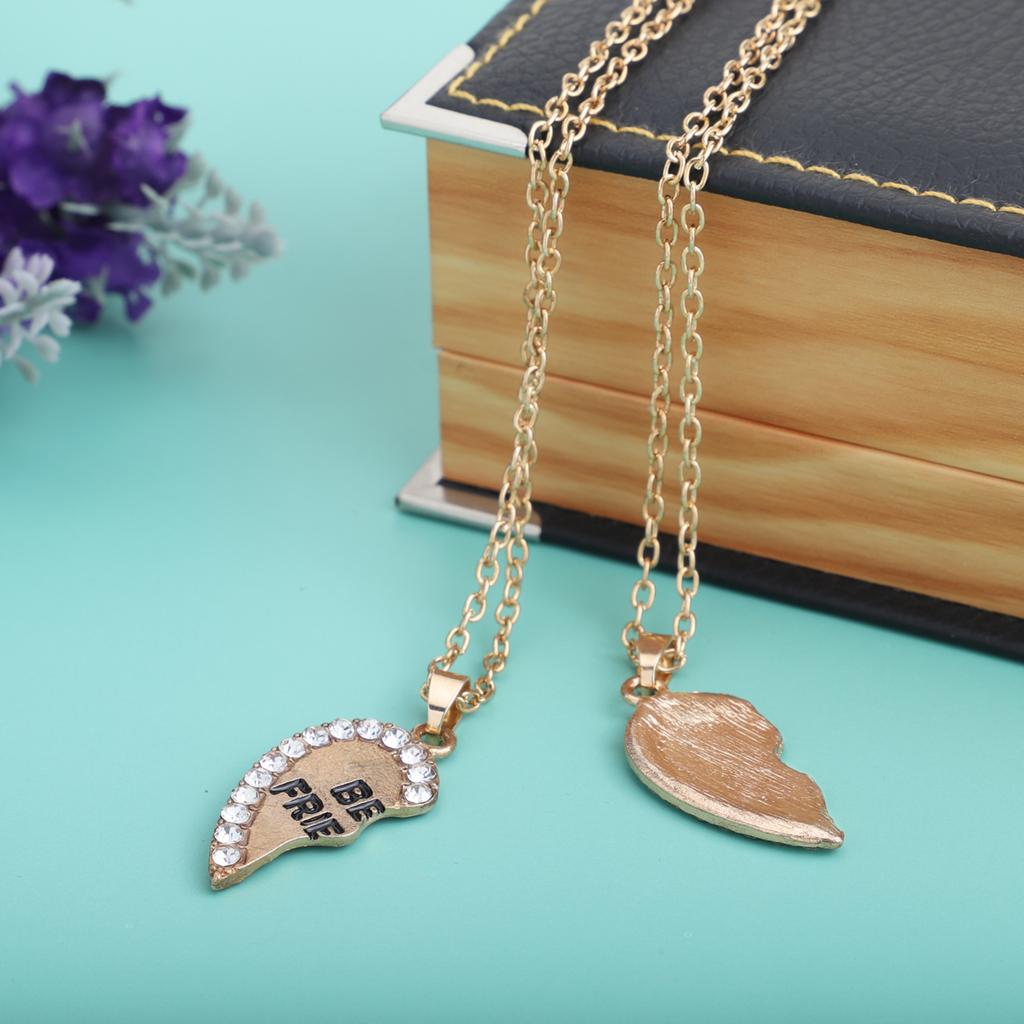 2pcs Per Set Heart Rhinestone Best Friends Engraved Pendant Friendship Necklace