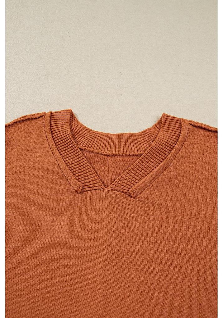 Autumn V-neck Color Block Puff Sleeve Sweater - Women's Casual European & American Style