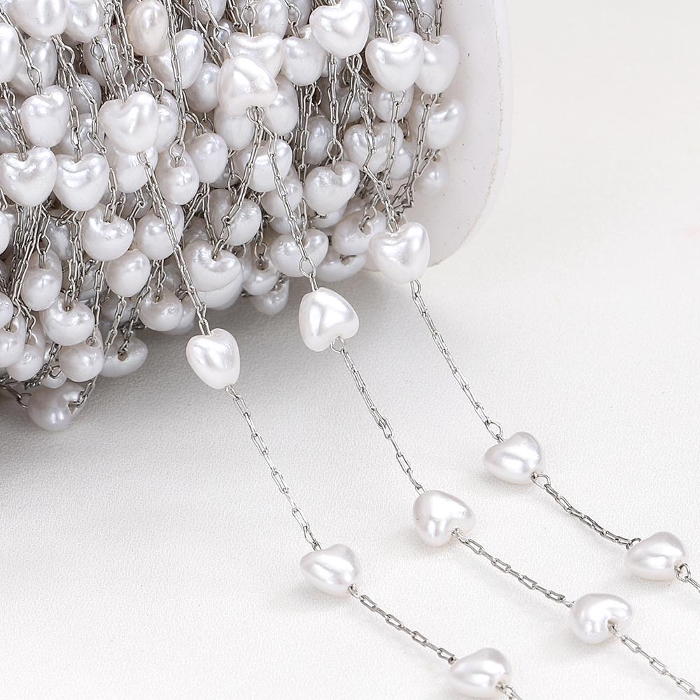 2meters 1meter Love Heart Chain Stainless Steel ABS Pearl Beads Chains for Necklace Bracelet Jewelry Making DIY Wholesale