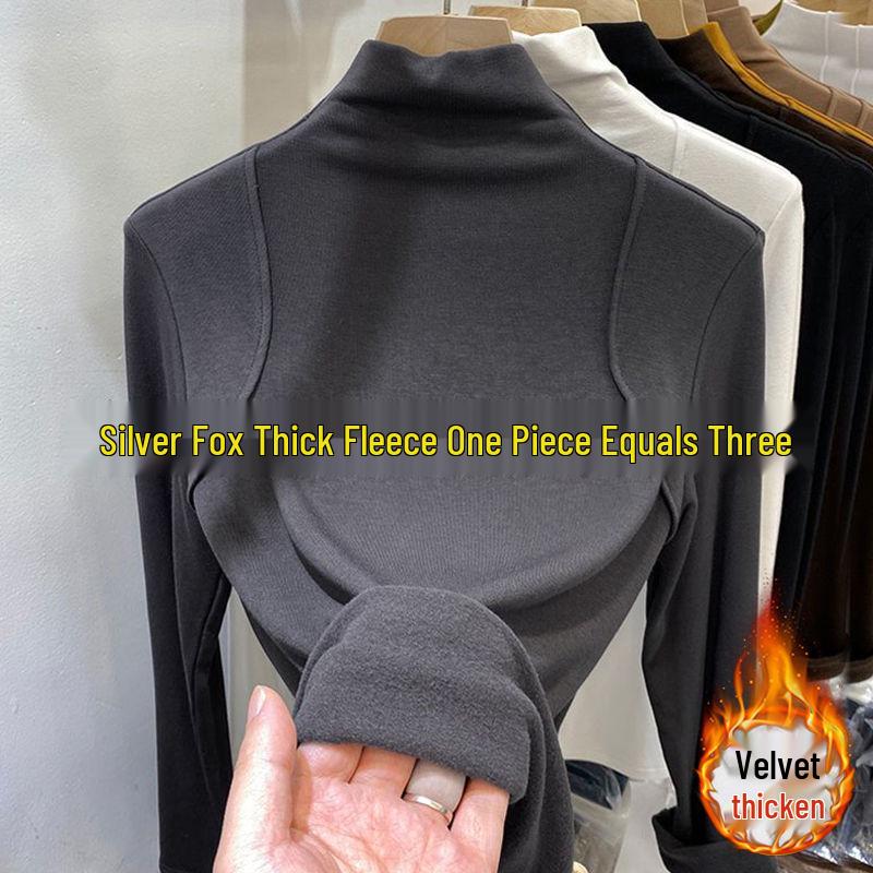 Cămașă de damă cu gât înalt, cu mâneci lungi, slim-fit, stil european, cu căptușeală din catifea germană periată pentru toamnă și iarnă