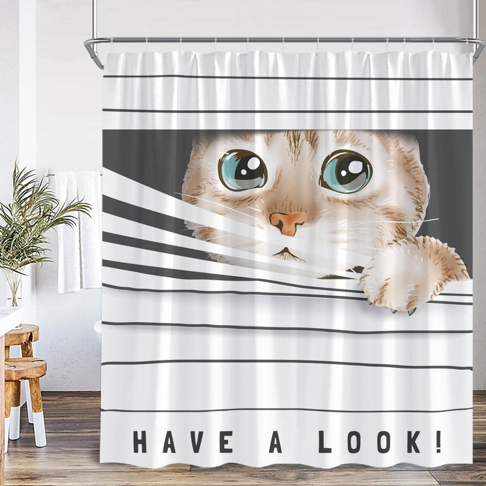 Funny Cat Shower Curtain Cat Riding Shark Dinosaur Flower Floral Polyester Bathtub Curtain Space Planet Bathroom Decor with Hook