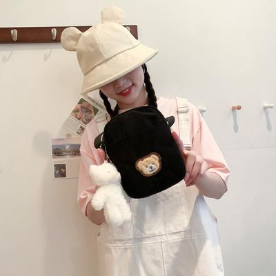 Solid Color Bear Cute Girl Canvas One Shoulder Diagonal Span Small Square Bag Mobile Phone Change Bag Cute Fashion Messenger Bag